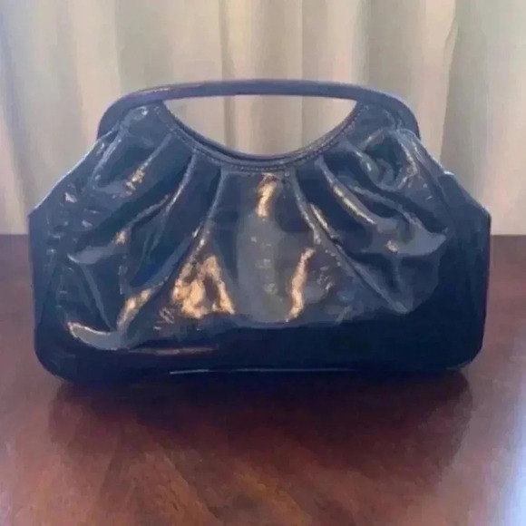 Vintage Black Patent Clutch Handbag Faux Leather Top Handle Bag Purse - Picture 2 of 12